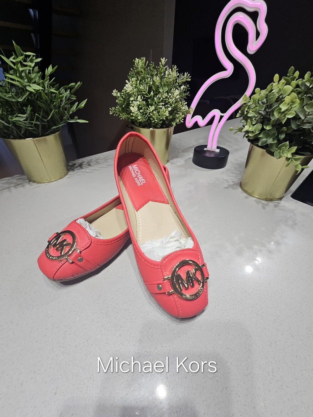 MICHAEL KORS Superbes Mocassins / Flâneurs Rouge Éclatant, Ornements Dorée